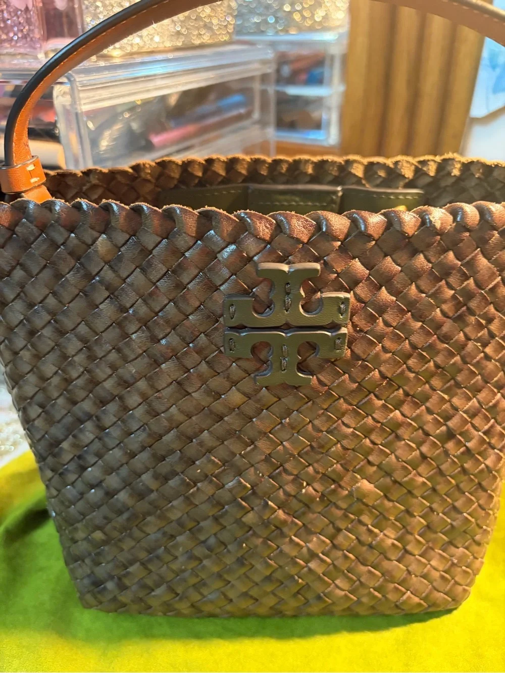 Tory Burch Brown trim Olive Woven Leather GOLD TONE BUCKET BAG